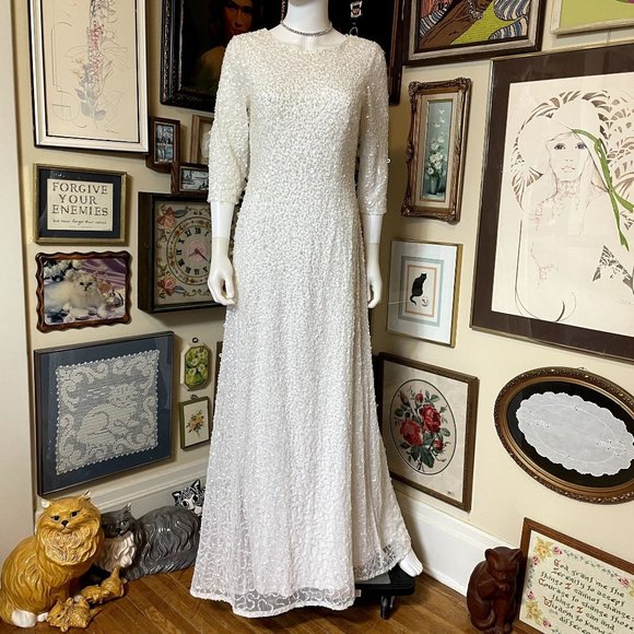 NWT Adrianna Papell White 3/4 Sleeve Scoop Back Sequin Gown Formal Maxi Size 8 - Picture 1 of 10